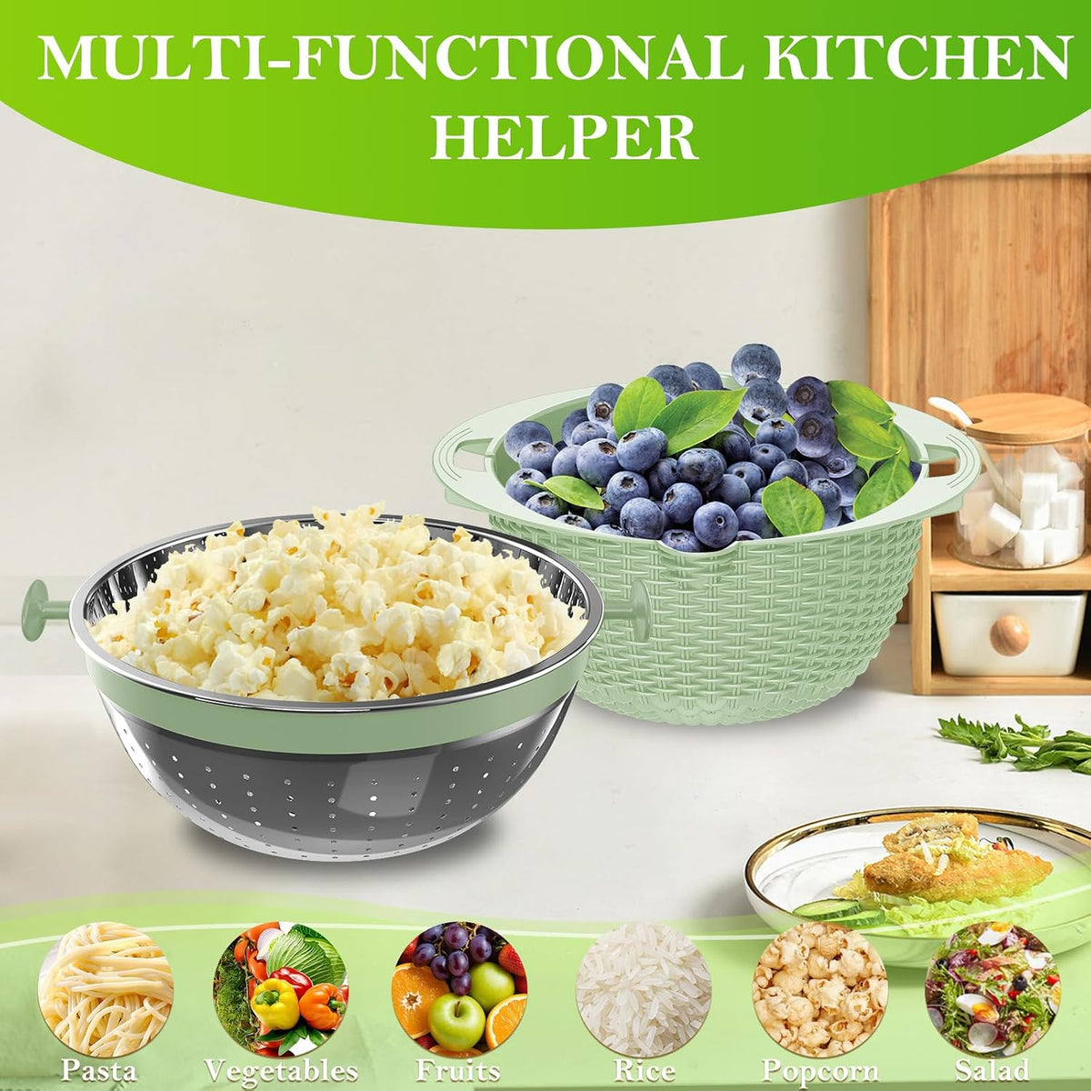 4-1 Colander with Bowl Set, Food Strainers and Colanders, Fruit Washing Bowl with Strainer, Rotatable Colander for Kitchen, Aesthetic Kitchen Gadget, Christmas & New Year Gifts - Beige
