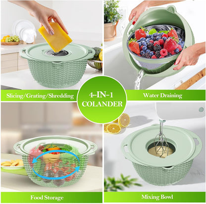 4-1 Colander with Bowl Set, Food Strainers and Colanders, Fruit Washing Bowl with Strainer, Rotatable Colander for Kitchen, Aesthetic Kitchen Gadget, Christmas & New Year Gifts - Beige