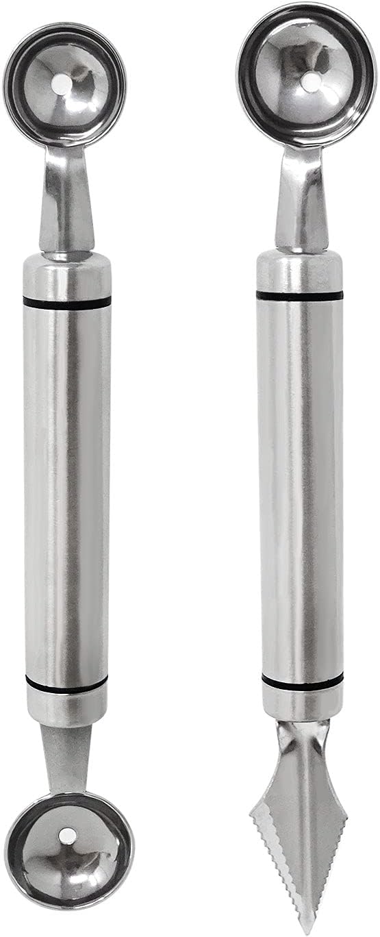 2PCS Stainless Steel Double-Headed Melon Baller Scoop Fruit Carving Knife Dual-Purpose Cooking Spoon Kitchen Tools for Watermelon Cantaloupe Ice Cream Sorbet Dessert