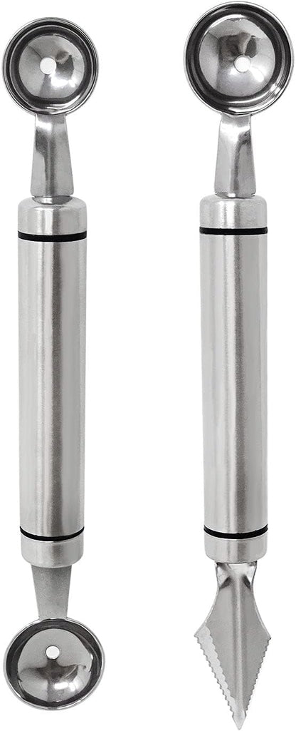 2PCS Stainless Steel Double-Headed Melon Baller Scoop Fruit Carving Knife Dual-Purpose Cooking Spoon Kitchen Tools for Watermelon Cantaloupe Ice Cream Sorbet Dessert