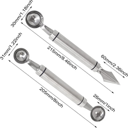 2PCS Stainless Steel Double-Headed Melon Baller Scoop Fruit Carving Knife Dual-Purpose Cooking Spoon Kitchen Tools for Watermelon Cantaloupe Ice Cream Sorbet Dessert