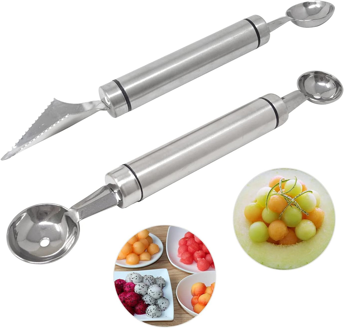 2PCS Stainless Steel Double-Headed Melon Baller Scoop Fruit Carving Knife Dual-Purpose Cooking Spoon Kitchen Tools for Watermelon Cantaloupe Ice Cream Sorbet Dessert