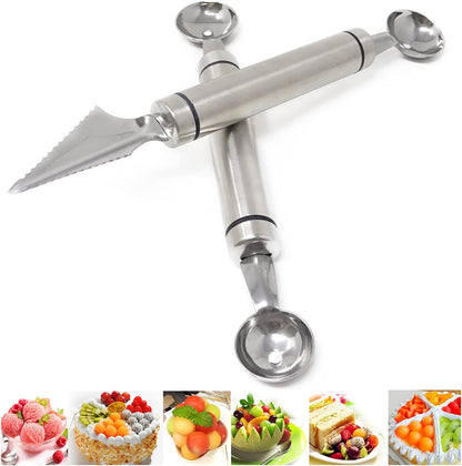 2PCS Stainless Steel Double-Headed Melon Baller Scoop Fruit Carving Knife Dual-Purpose Cooking Spoon Kitchen Tools for Watermelon Cantaloupe Ice Cream Sorbet Dessert