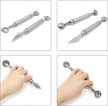 2PCS Stainless Steel Double-Headed Melon Baller Scoop Fruit Carving Knife Dual-Purpose Cooking Spoon Kitchen Tools for Watermelon Cantaloupe Ice Cream Sorbet Dessert