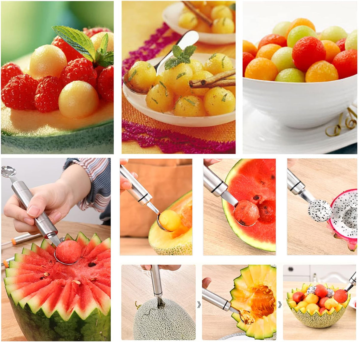2PCS Stainless Steel Double-Headed Melon Baller Scoop Fruit Carving Knife Dual-Purpose Cooking Spoon Kitchen Tools for Watermelon Cantaloupe Ice Cream Sorbet Dessert