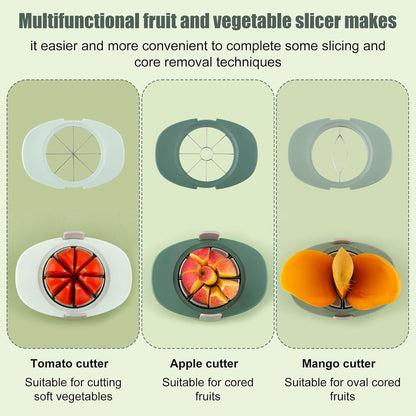 Fruit Cutter Slicer, 4 in 1 Apple Corer Remover Green 430 Stainless Steel Tomato Wedges Vegetable Cutter 8 Slices Multifunctional Kitchen Tool for Fruit & Vegetable Cutting