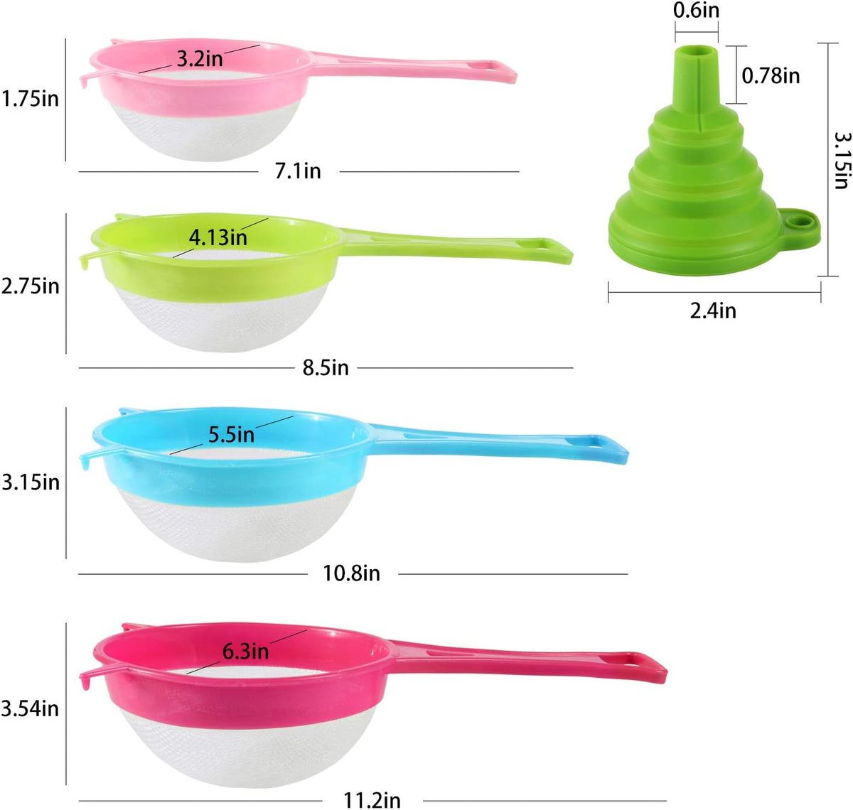 4Pcs Plastic Mesh Strainer Colander Set, Food Soy Milk Flour Sieve Plastic Colander Strainer with Long Handle Icing Sugar Sifters Fine Strainer Tea Filter and Silicone Foldable Funnel