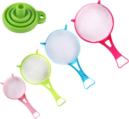 4Pcs Plastic Mesh Strainer Colander Set, Food Soy Milk Flour Sieve Plastic Colander Strainer with Long Handle Icing Sugar Sifters Fine Strainer Tea Filter and Silicone Foldable Funnel