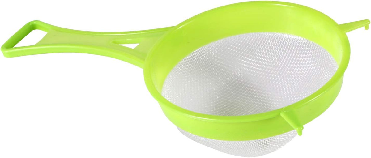 4Pcs Plastic Mesh Strainer Colander Set, Food Soy Milk Flour Sieve Plastic Colander Strainer with Long Handle Icing Sugar Sifters Fine Strainer Tea Filter and Silicone Foldable Funnel