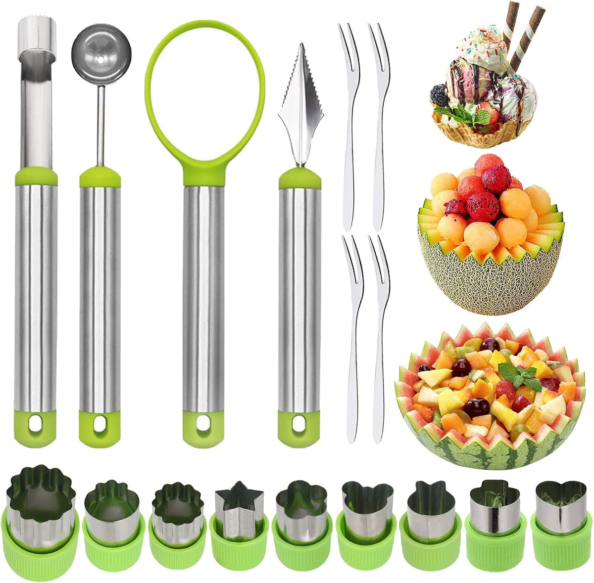 14 Pack Melon Baller Scoop Set - 4 in 1 Stainless Steel Fruit Tool Set Fruit Scooper Seed Remover with Fruit Vegetable Cutter Shapes Set Fruit Peeler for Fruit Slicer Dig Pulp Separator