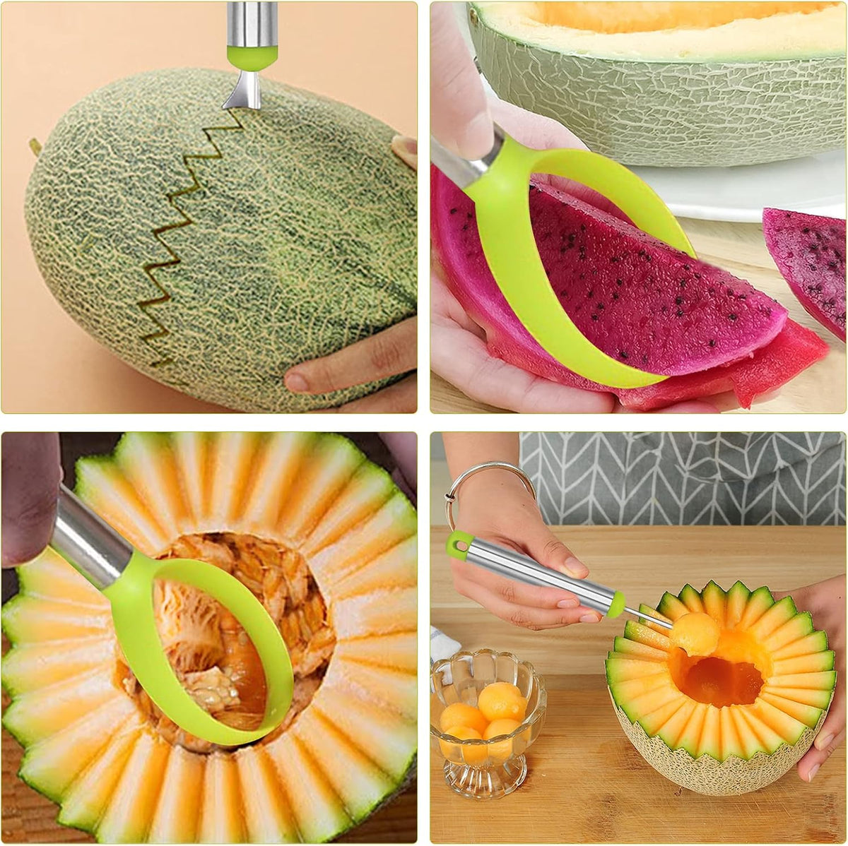 14 Pack Melon Baller Scoop Set - 4 in 1 Stainless Steel Fruit Tool Set Fruit Scooper Seed Remover with Fruit Vegetable Cutter Shapes Set Fruit Peeler for Fruit Slicer Dig Pulp Separator