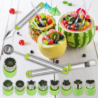 14 Pack Melon Baller Scoop Set - 4 in 1 Stainless Steel Fruit Tool Set Fruit Scooper Seed Remover with Fruit Vegetable Cutter Shapes Set Fruit Peeler for Fruit Slicer Dig Pulp Separator