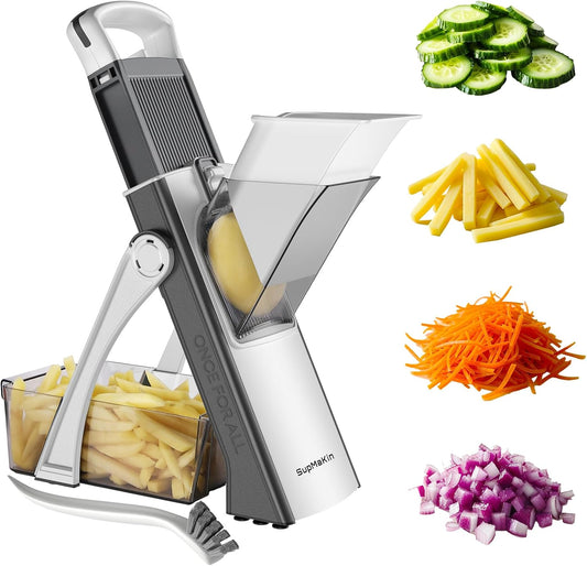 SupMaKin Safe Mandoline Slicer Plus for Kitchen Adjustable Vegetable Slicer | 0.1-8mm, Cut Resistant Stainless Steel Blades,Potato Fry Cutter, Onion Chopper, Detachable,Foldable Dishwasher Safe, Gifts
