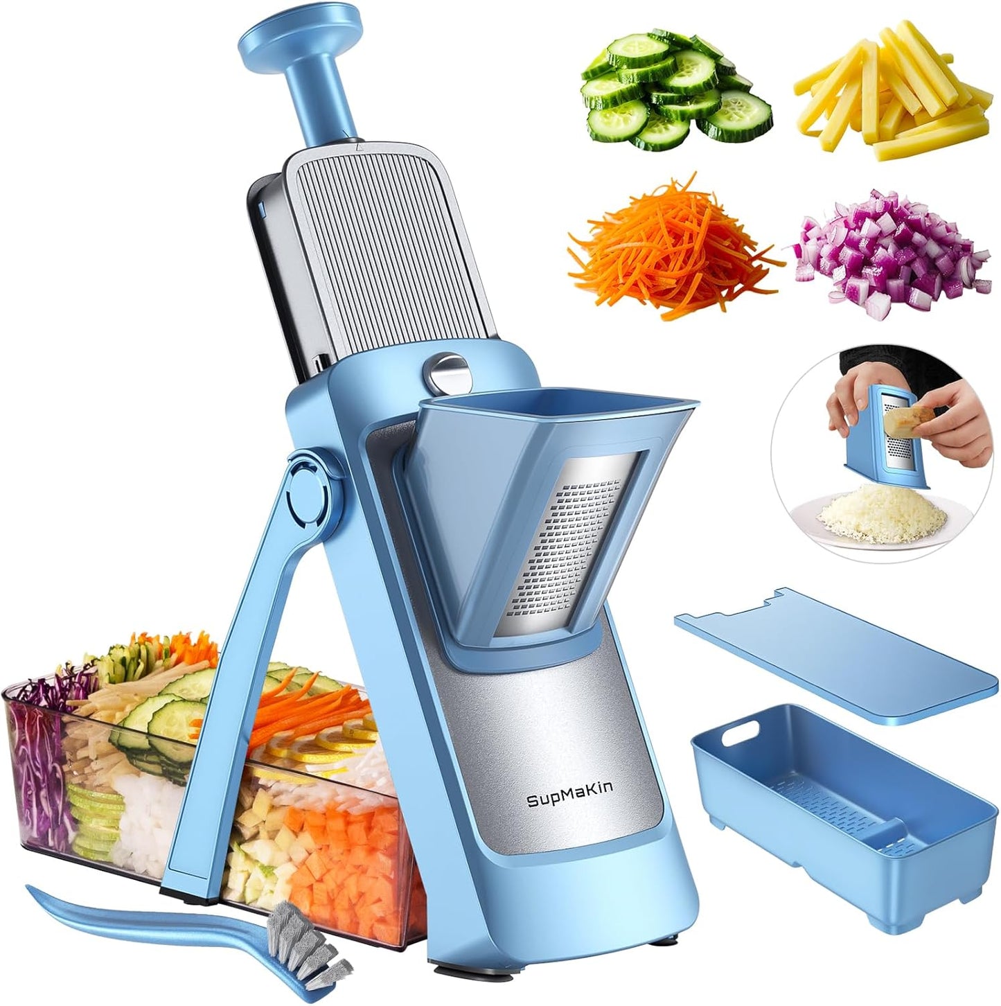 SupMaKin Safe Mandoline Slicer Plus for Kitchen Adjustable Vegetable Slicer | 0.1-8mm, Cut Resistant Stainless Steel Blades,Potato Fry Cutter, Onion Chopper, Detachable,Foldable Dishwasher Safe, Gifts