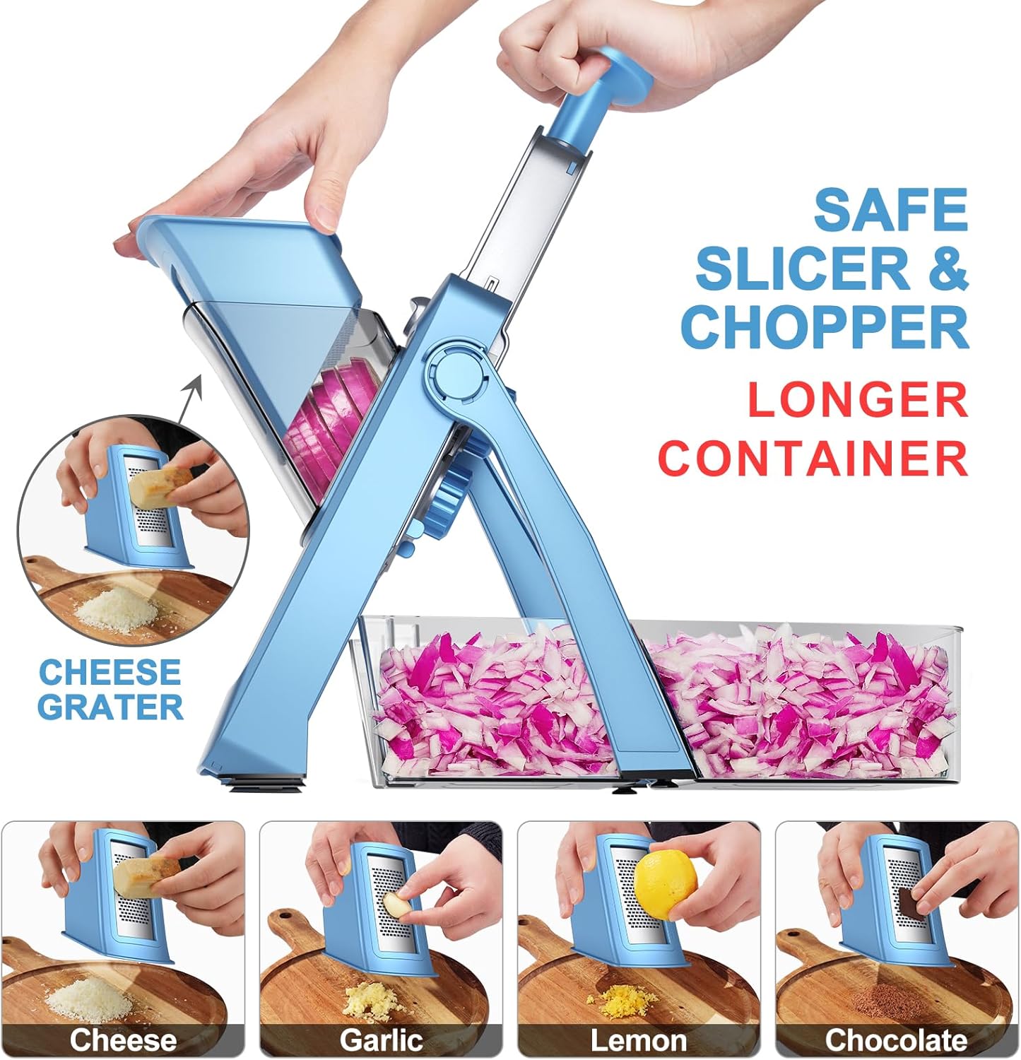 SupMaKin Safe Mandoline Slicer Plus for Kitchen Adjustable Vegetable Slicer | 0.1-8mm, Cut Resistant Stainless Steel Blades,Potato Fry Cutter, Onion Chopper, Detachable,Foldable Dishwasher Safe, Gifts