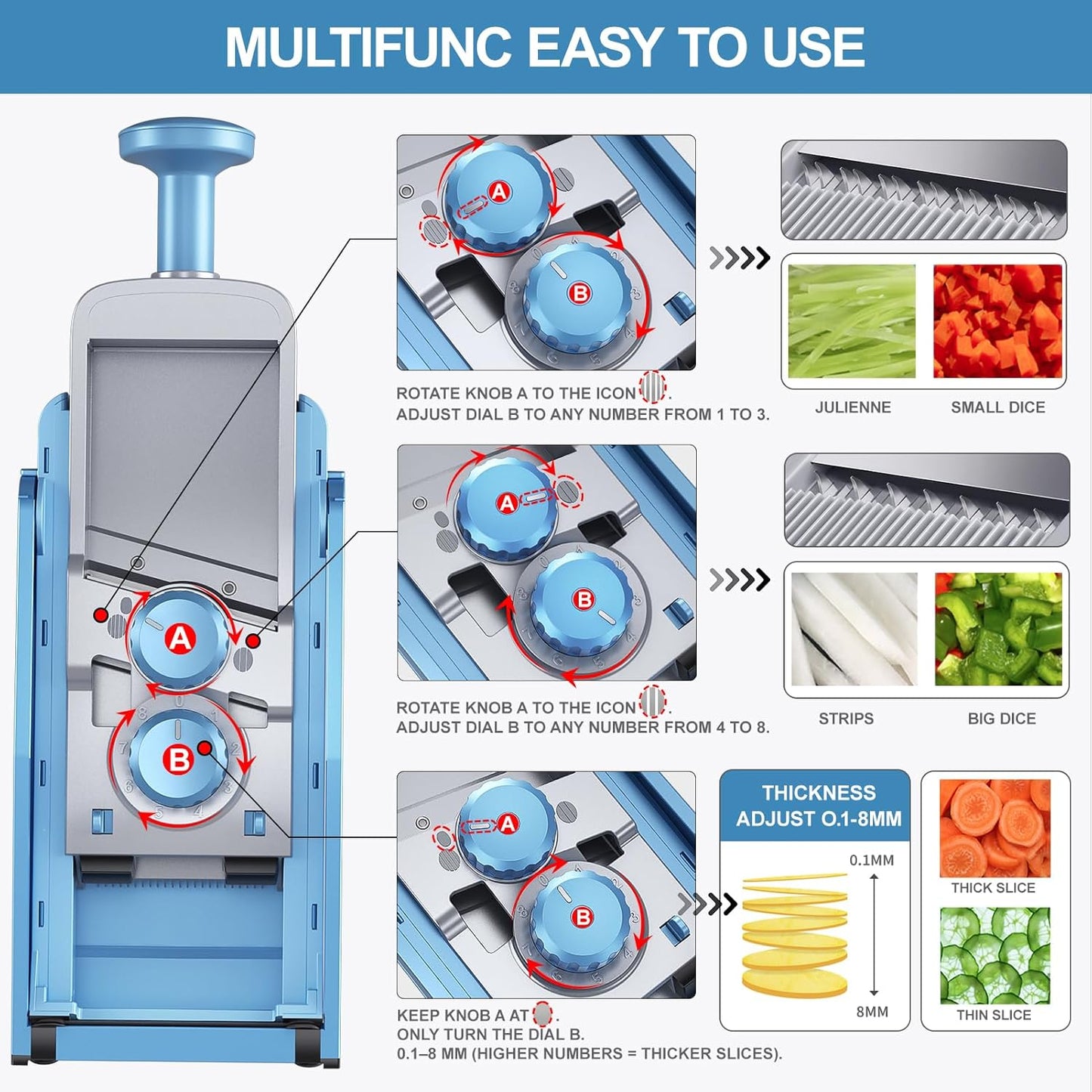 SupMaKin Safe Mandoline Slicer Plus for Kitchen Adjustable Vegetable Slicer | 0.1-8mm, Cut Resistant Stainless Steel Blades,Potato Fry Cutter, Onion Chopper, Detachable,Foldable Dishwasher Safe, Gifts