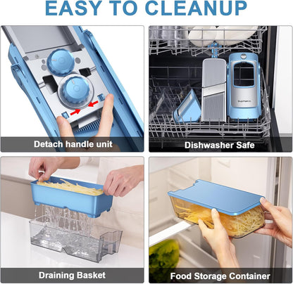 SupMaKin Safe Mandoline Slicer Plus for Kitchen Adjustable Vegetable Slicer | 0.1-8mm, Cut Resistant Stainless Steel Blades,Potato Fry Cutter, Onion Chopper, Detachable,Foldable Dishwasher Safe, Gifts
