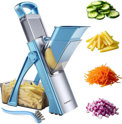 SupMaKin Safe Mandoline Slicer Plus for Kitchen Adjustable Vegetable Slicer | 0.1-8mm, Cut Resistant Stainless Steel Blades,Potato Fry Cutter, Onion Chopper, Detachable,Foldable Dishwasher Safe, Gifts