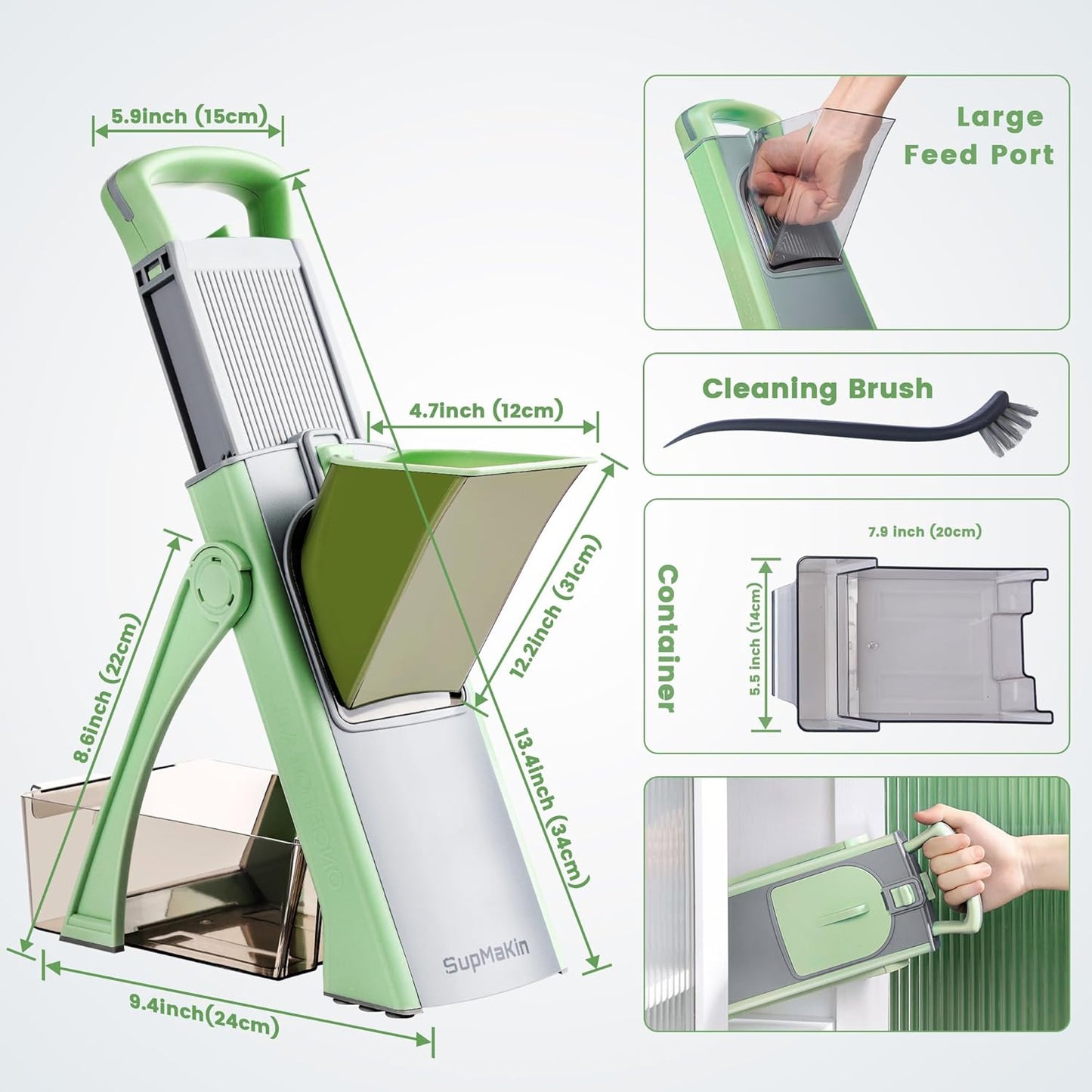 SupMaKin Safe Mandoline Slicer Plus for Kitchen Adjustable Vegetable Slicer | 0.1-8mm, Cut Resistant Stainless Steel Blades,Potato Fry Cutter, Onion Chopper, Detachable,Foldable Dishwasher Safe, Gifts