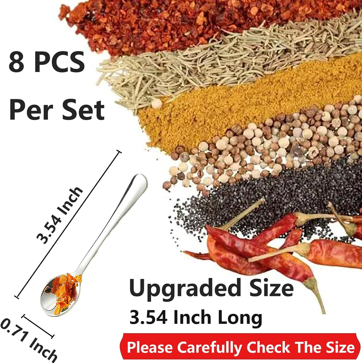 8 PCS Tiny Stainless Steel Spoons for Spices Jars, Mini Size 2.87", Cute Small Stainless Steel Condiment Spoons for Spices, Salt, Sugar, Pepper, Honey, Fun Little Scoops