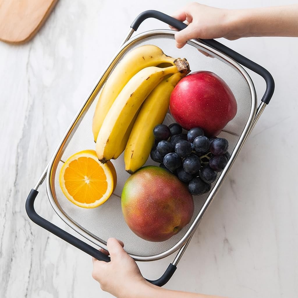 2 PackPremium Quality Over The Sink Stainless Steel Oval Colander with Fine Mesh 6 Quart Strainer Basket & Expandable Rubber Grip Handles - Strain, Drain, Rinse Fruits, Vegetables1