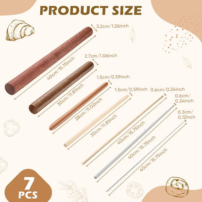 7 Pcs Italian Rolling Pins Set Wood and Stainless Steel Pasta Rolling Pin Dough Pasta Roller for Making Wontons, Dumplings, Pastas, Ramen, Udon Noodles, Flat Bread, Tortillas