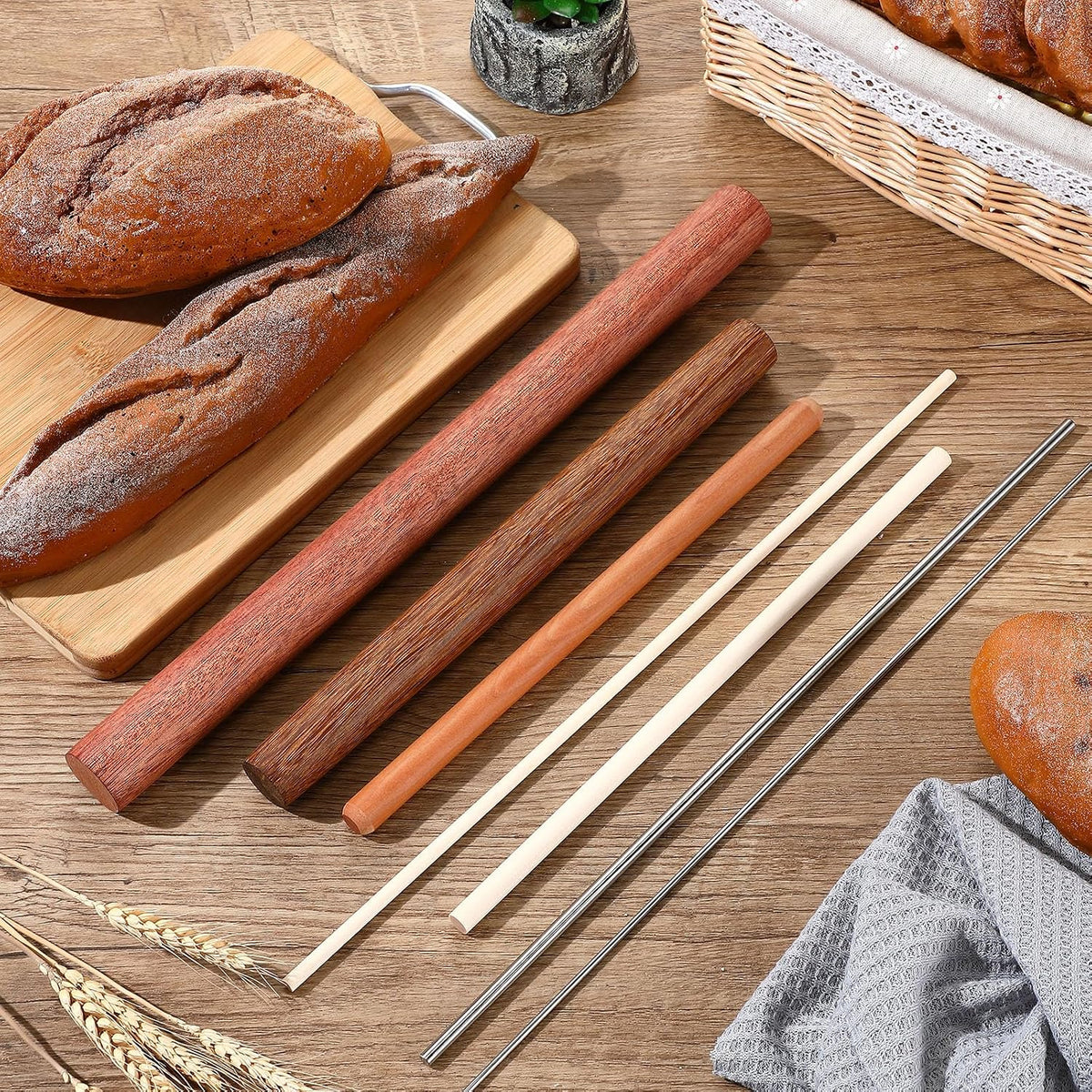 7 Pcs Italian Rolling Pins Set Wood and Stainless Steel Pasta Rolling Pin Dough Pasta Roller for Making Wontons, Dumplings, Pastas, Ramen, Udon Noodles, Flat Bread, Tortillas