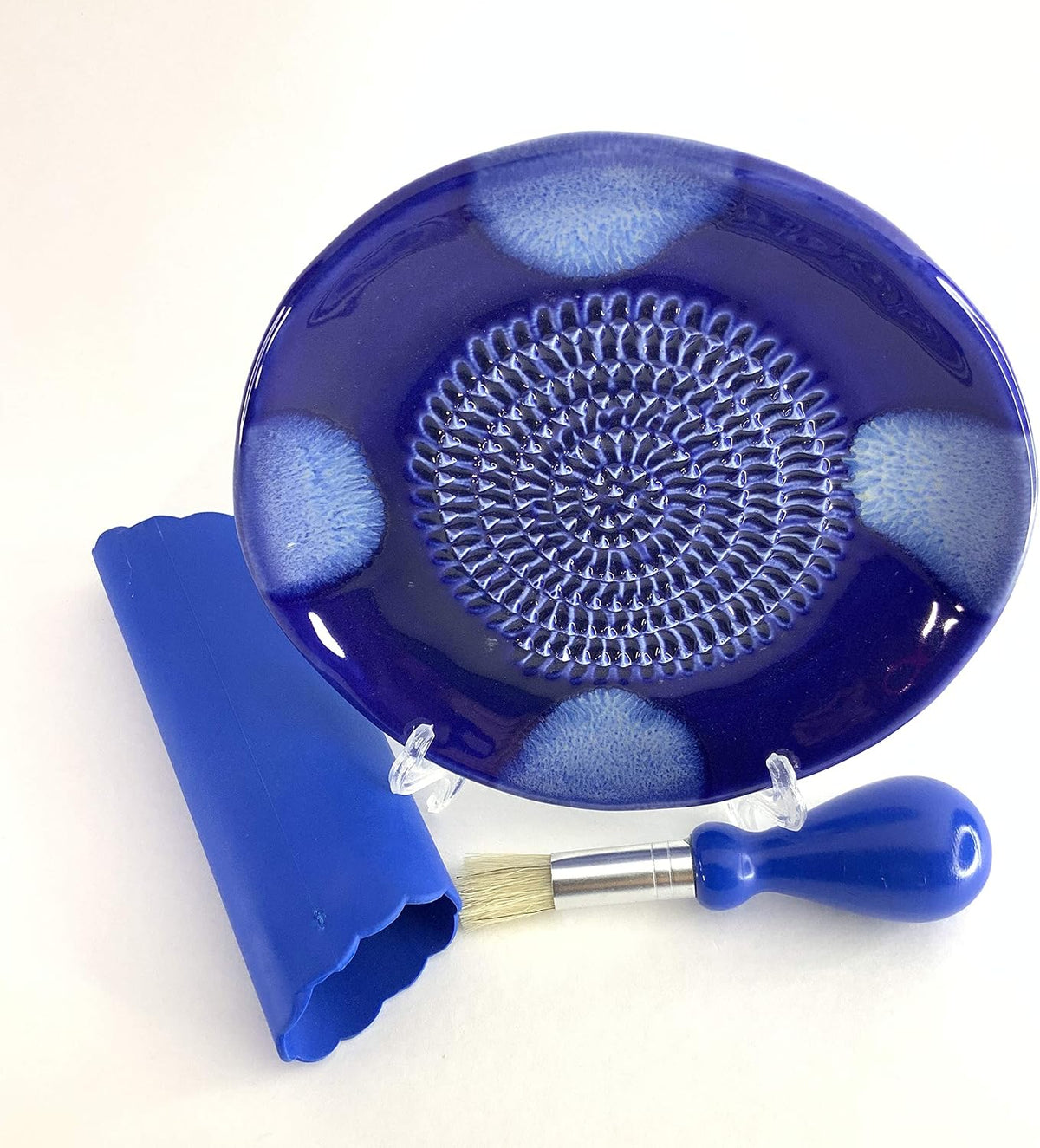 Premium Ceramic Garlic Grater Plate Set - Blue Cross Glazed