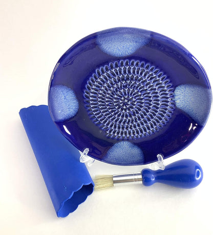 Premium Ceramic Garlic Grater Plate Set - Blue Cross Glazed