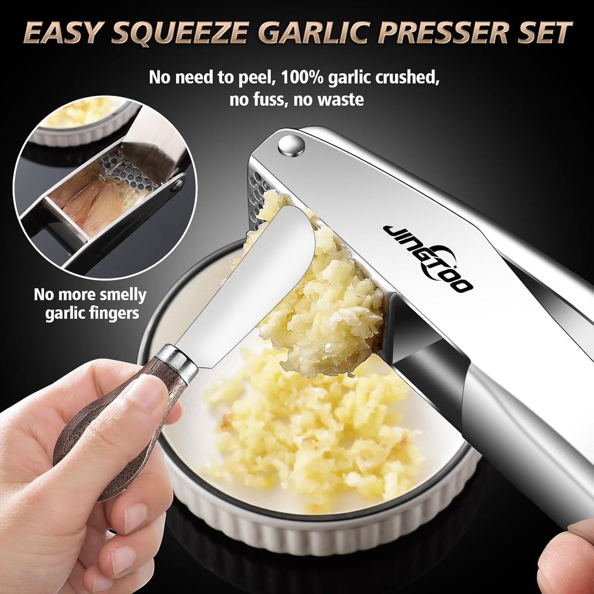 Garlic Press Stainless Steel, Premium Garlic Mincer No Need to Peel