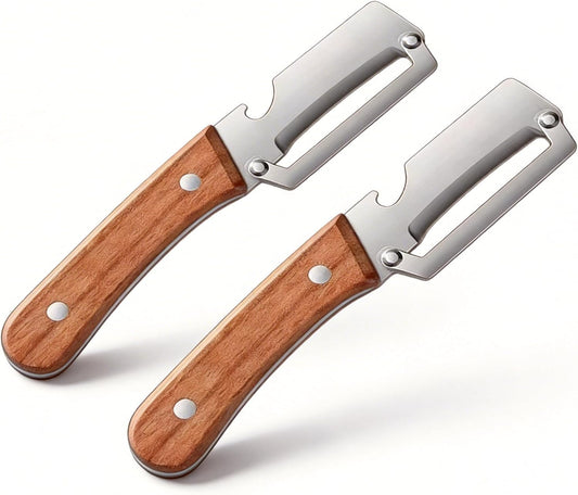 Pack of 2 Multifunctional Vegetable Peeler with Stainless Steel Blade 2-in-1 Wood Handle Kitchen Tool for Potato, Carrot, Zucchini, Papaya, Sugar Cane Peeling Veggie Peeler