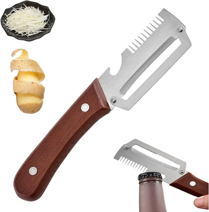Vegetable Peeler with Wooden Handle and Bottle Opener,Stainless Steel Julienne Peeler,Multi Functional Kitchen Gadgets for Apple Fruit Orange Potato Carrot Pumpkin Papaya (2)