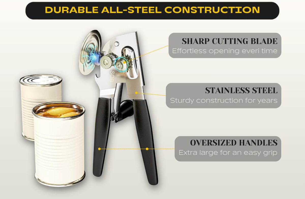Heavy Duty Can Opener with Magnet – Commercial Can Opener Manual for Seniors & Arthritis - Hand Held, Folding Knob, Smooth Edge, Works on #10 Cans, for Restaurants