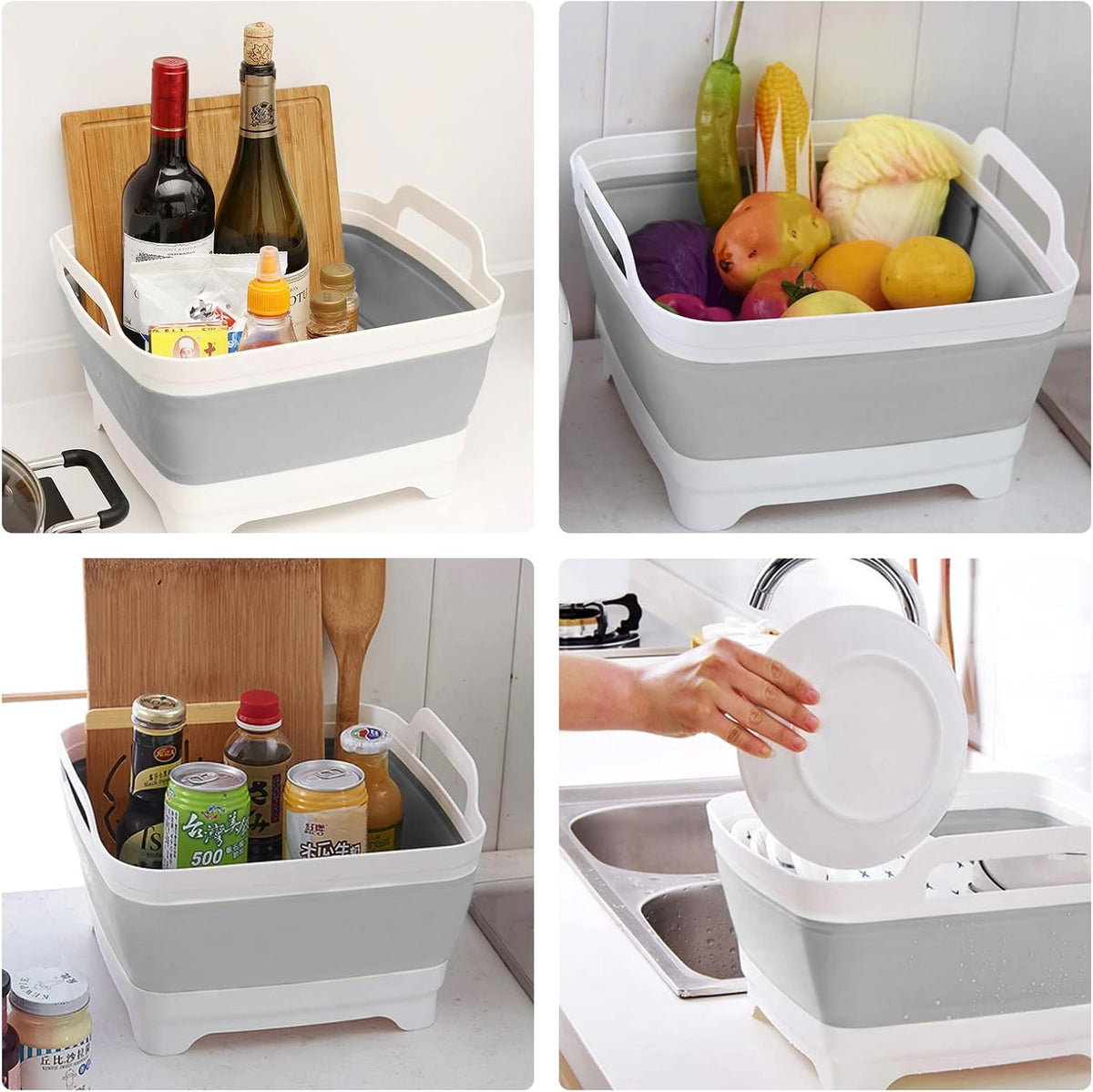2PCS Dishpan for Washing Dishes, 9L(2.4Gallon) Collapsible Wash Basin with Drain Plug Carry Handles, Collapsible Bucket for Cleaning, Vegetable Washing, RV(Green + Grey)