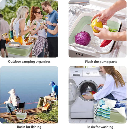 2PCS Dishpan for Washing Dishes, 9L(2.4Gallon) Collapsible Wash Basin with Drain Plug Carry Handles, Collapsible Bucket for Cleaning, Vegetable Washing, RV(Green + Grey)