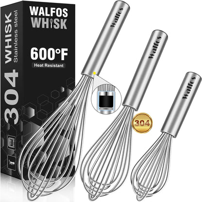 Whisk,304 Stainless Steel whisk,No-Rust 7+9+11inch Whisks for cooking Nice for Blending,Whisking,Beating.Heat resistant 600°F Dishwasher Safe. Heavy duty kitchen whisk.SILVER