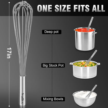 Whisk,304 Stainless Steel whisk,No-Rust 7+9+11inch Whisks for cooking Nice for Blending,Whisking,Beating.Heat resistant 600°F Dishwasher Safe. Heavy duty kitchen whisk.SILVER