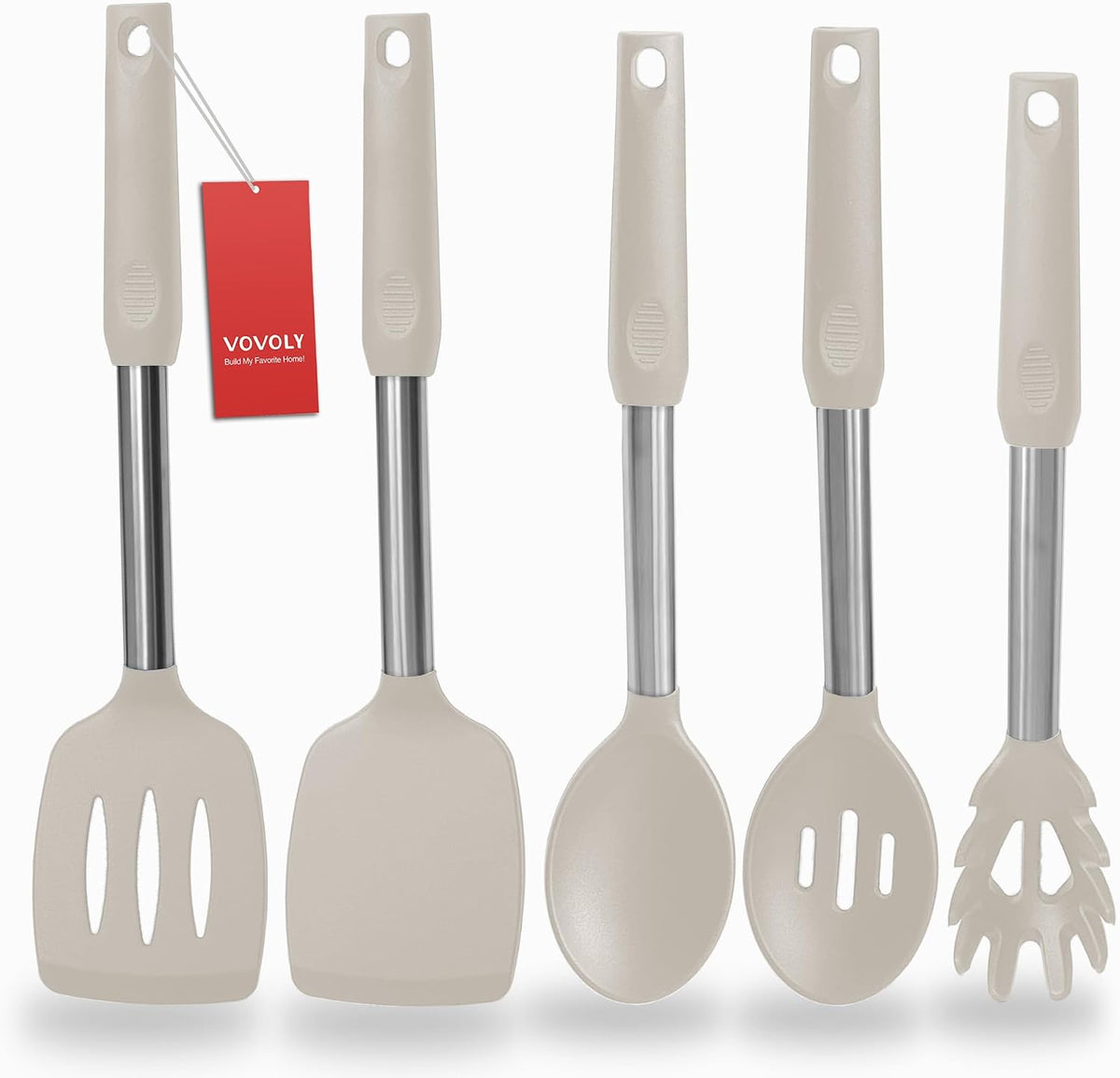Silicone Spatula and Cooking Spoon,5 Pack Non-Stick Cooking Utensils for Kitchen，Heat Resistant Solid & Slotted Spoons and Spatulas, Stainless Steel Handle Coated with Silicone,Black