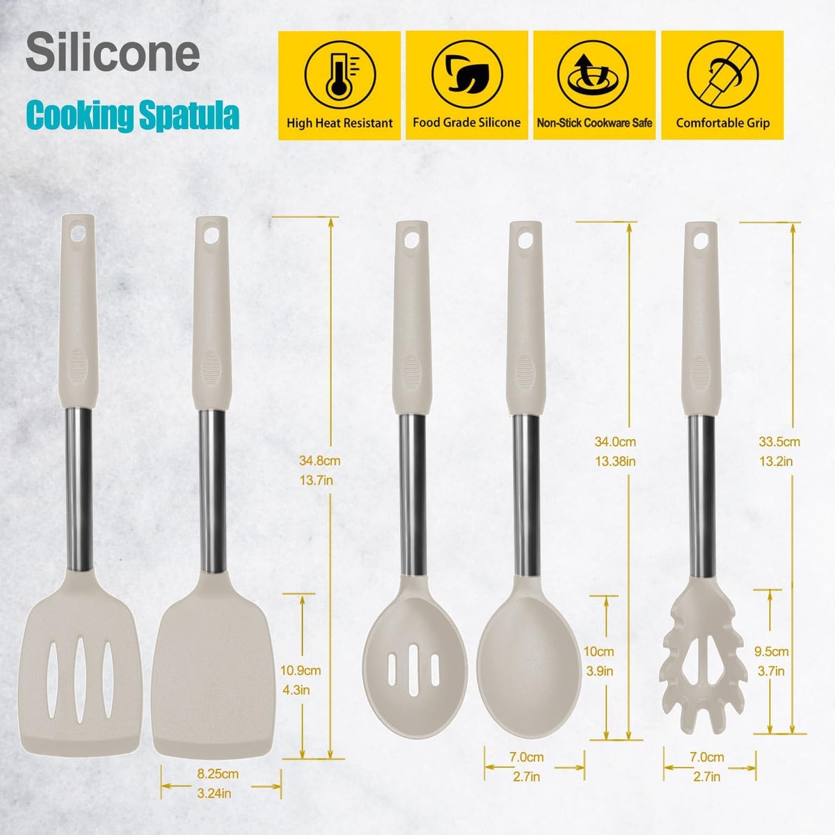 Silicone Spatula and Cooking Spoon,5 Pack Non-Stick Cooking Utensils for Kitchen，Heat Resistant Solid & Slotted Spoons and Spatulas, Stainless Steel Handle Coated with Silicone,Black