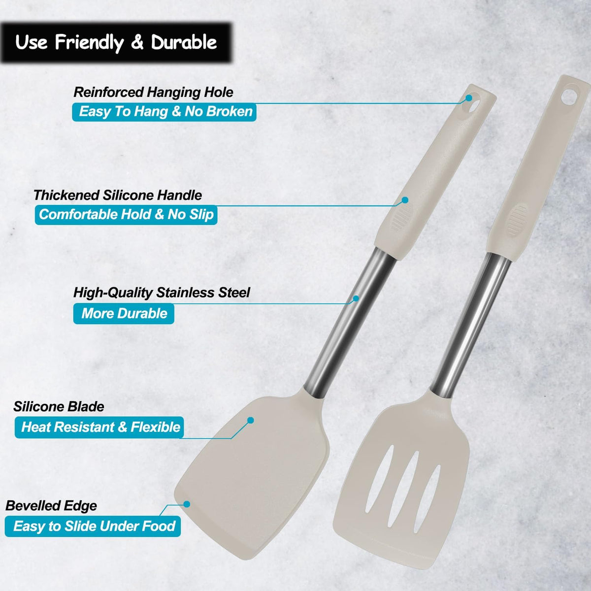 Silicone Spatula and Cooking Spoon,5 Pack Non-Stick Cooking Utensils for Kitchen，Heat Resistant Solid & Slotted Spoons and Spatulas, Stainless Steel Handle Coated with Silicone,Black