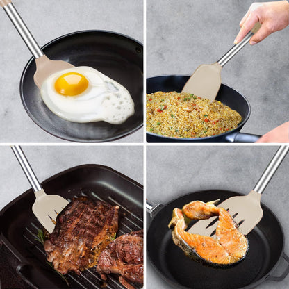 Silicone Spatula and Cooking Spoon,5 Pack Non-Stick Cooking Utensils for Kitchen，Heat Resistant Solid & Slotted Spoons and Spatulas, Stainless Steel Handle Coated with Silicone,Black