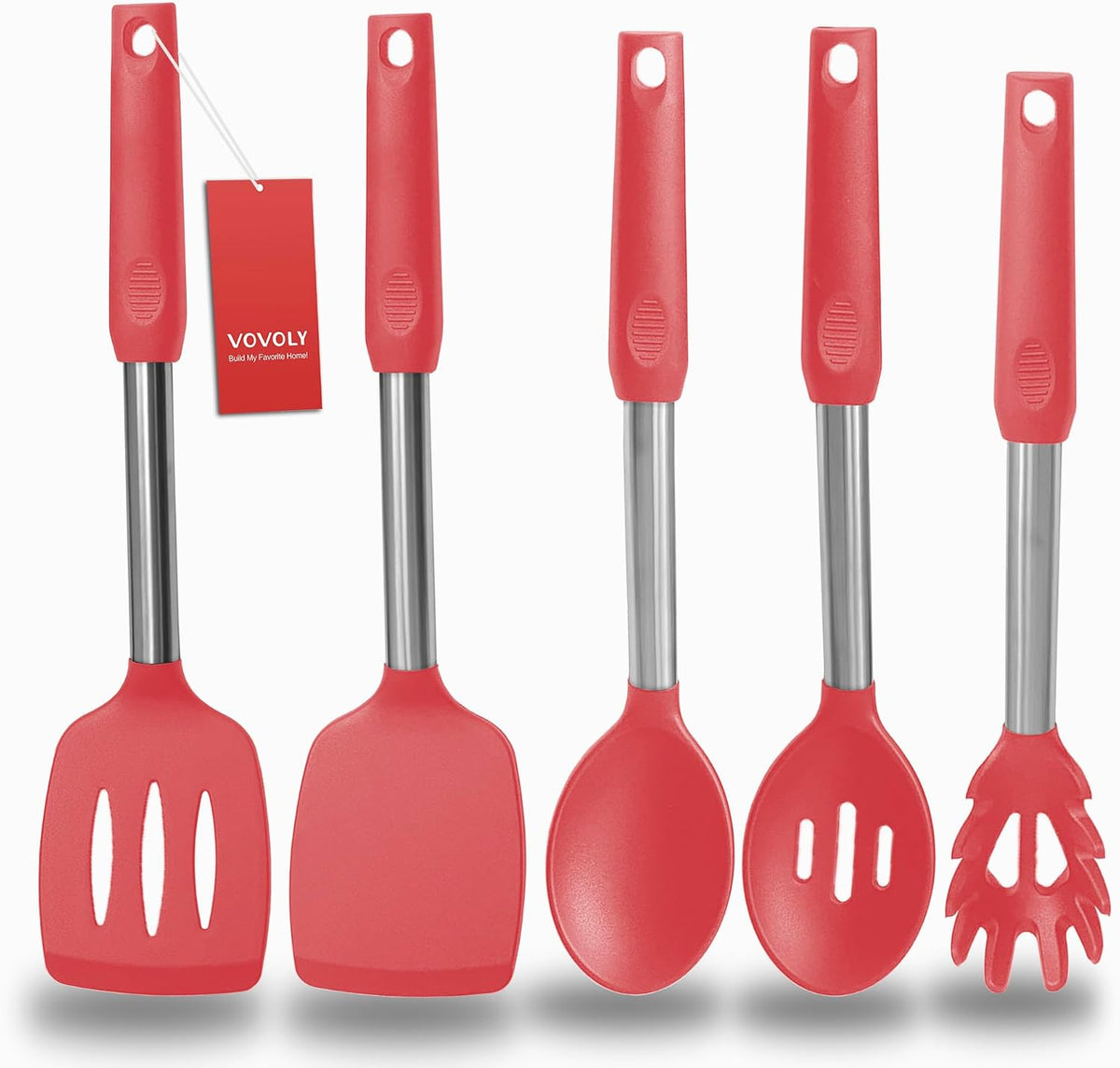 Silicone Spatula and Cooking Spoon,5 Pack Non-Stick Cooking Utensils for Kitchen，Heat Resistant Solid & Slotted Spoons and Spatulas, Stainless Steel Handle Coated with Silicone,Black