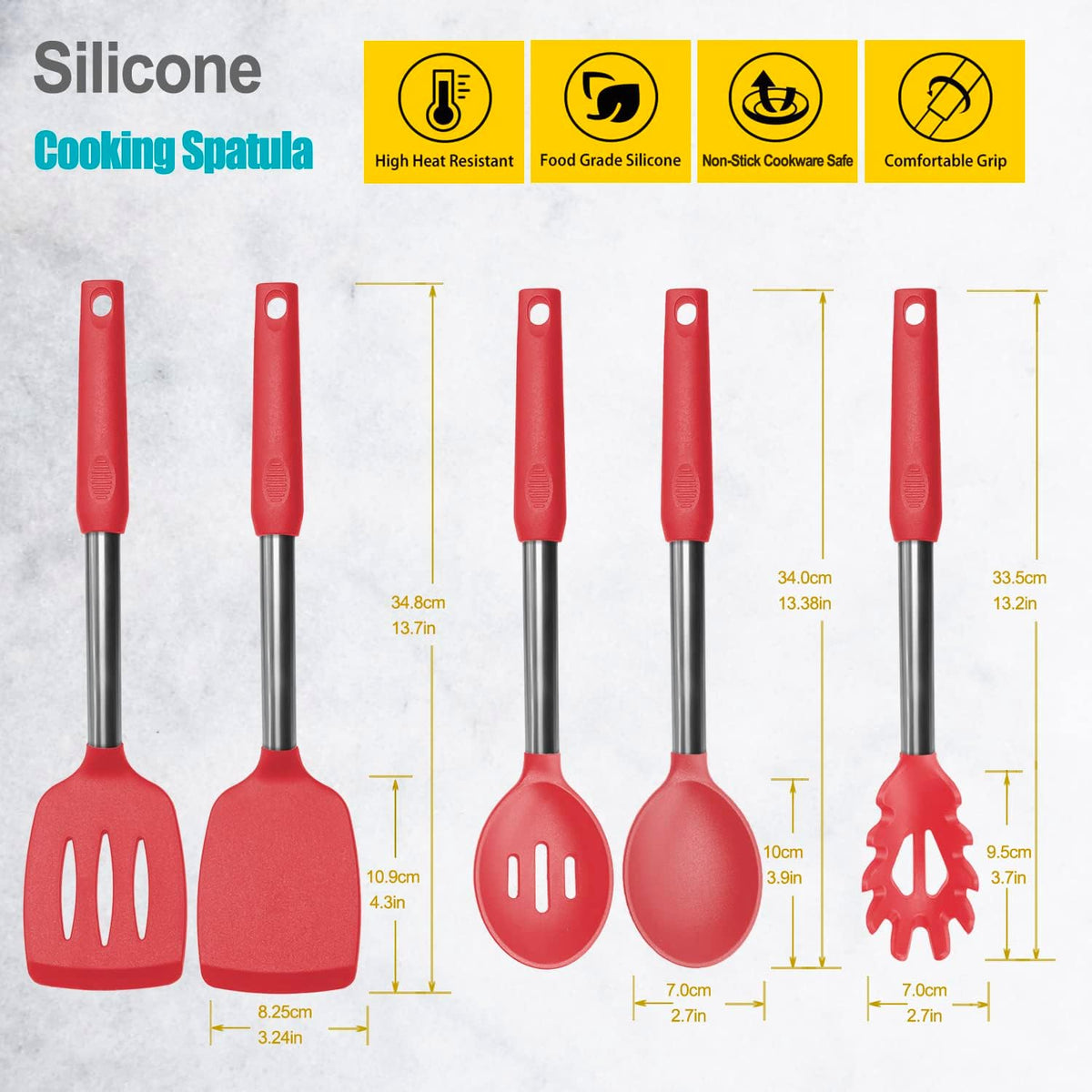 Silicone Spatula and Cooking Spoon,5 Pack Non-Stick Cooking Utensils for Kitchen，Heat Resistant Solid & Slotted Spoons and Spatulas, Stainless Steel Handle Coated with Silicone,Black