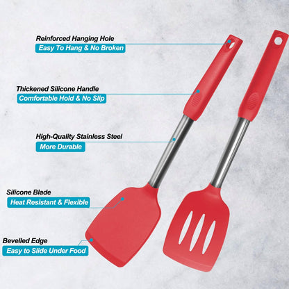 Silicone Spatula and Cooking Spoon,5 Pack Non-Stick Cooking Utensils for Kitchen，Heat Resistant Solid & Slotted Spoons and Spatulas, Stainless Steel Handle Coated with Silicone,Black