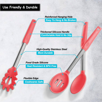 Silicone Spatula and Cooking Spoon,5 Pack Non-Stick Cooking Utensils for Kitchen，Heat Resistant Solid & Slotted Spoons and Spatulas, Stainless Steel Handle Coated with Silicone,Black