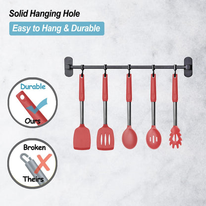 Silicone Spatula and Cooking Spoon,5 Pack Non-Stick Cooking Utensils for Kitchen，Heat Resistant Solid & Slotted Spoons and Spatulas, Stainless Steel Handle Coated with Silicone,Black