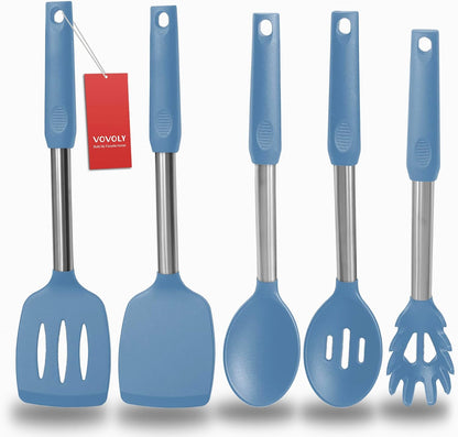 Silicone Spatula and Cooking Spoon,5 Pack Non-Stick Cooking Utensils for Kitchen，Heat Resistant Solid & Slotted Spoons and Spatulas, Stainless Steel Handle Coated with Silicone,Black