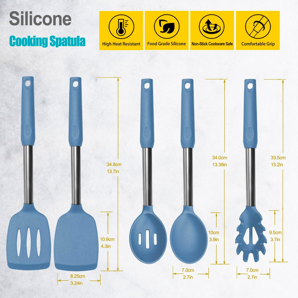 Silicone Spatula and Cooking Spoon,5 Pack Non-Stick Cooking Utensils for Kitchen，Heat Resistant Solid & Slotted Spoons and Spatulas, Stainless Steel Handle Coated with Silicone,Black