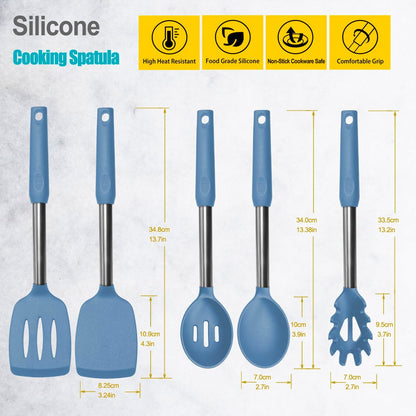 Silicone Spatula and Cooking Spoon,5 Pack Non-Stick Cooking Utensils for Kitchen，Heat Resistant Solid & Slotted Spoons and Spatulas, Stainless Steel Handle Coated with Silicone,Black