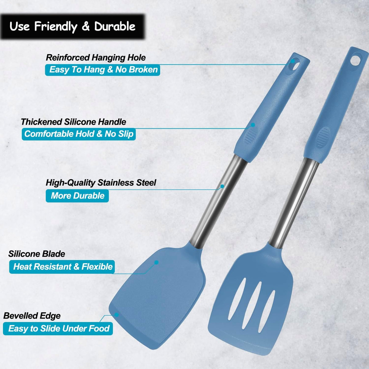 Silicone Spatula and Cooking Spoon,5 Pack Non-Stick Cooking Utensils for Kitchen，Heat Resistant Solid & Slotted Spoons and Spatulas, Stainless Steel Handle Coated with Silicone,Black